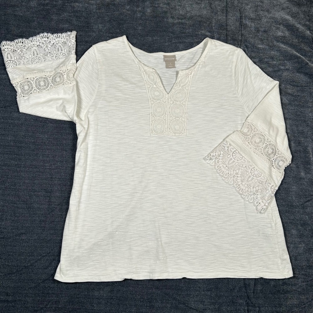 Chico's Top Women 2 L White Slub Knit Lace Trim Split Neck 3/4 Sleeve Boho